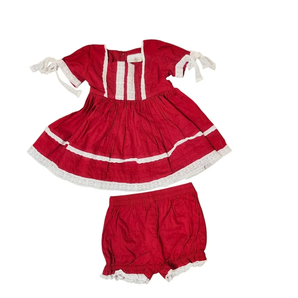 Well Dressed Wolf Girls Red Lawn Party Holiday Tunic Bloomer Set Cotton Xmas 3T